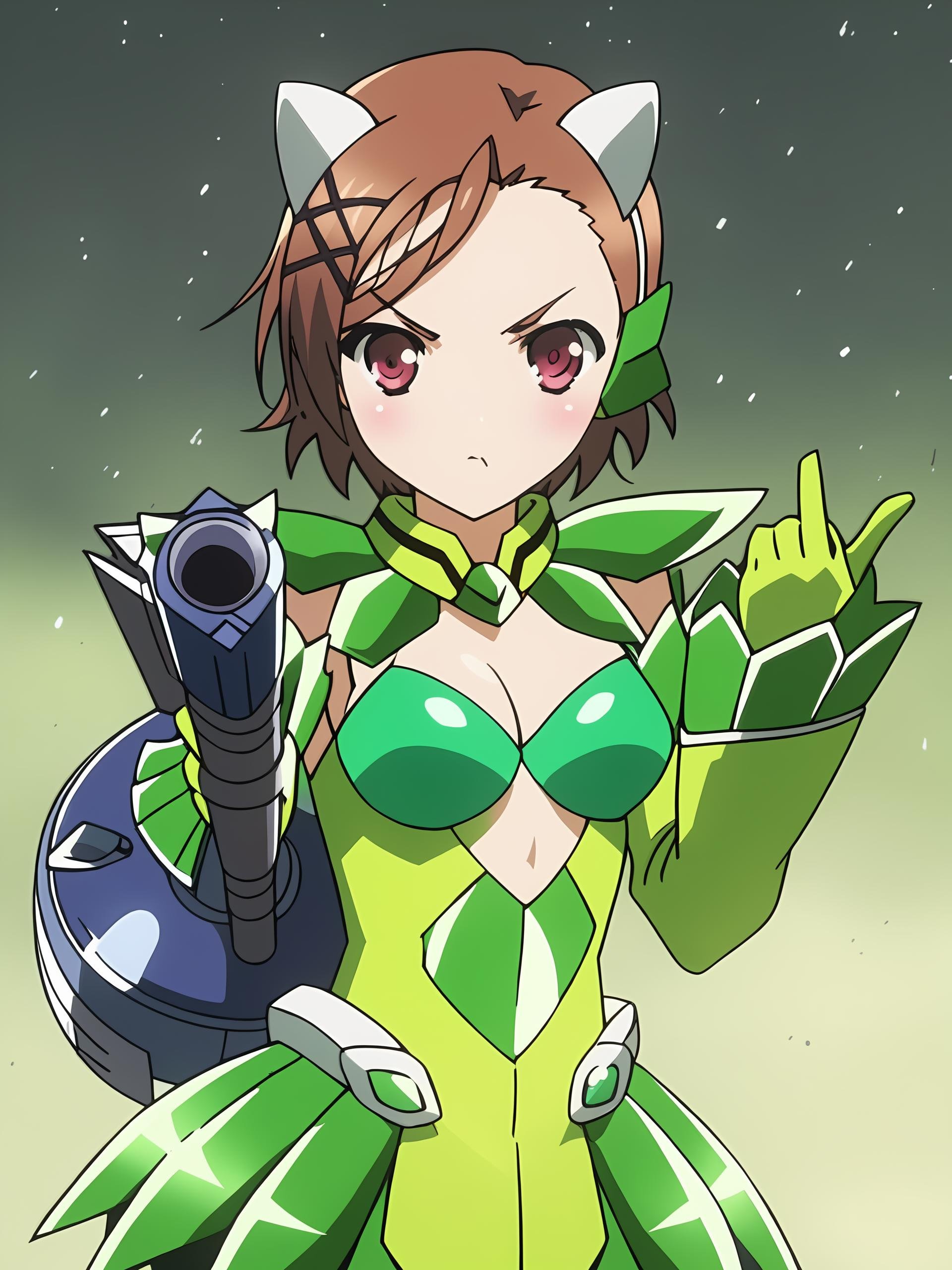 score_9, score_8_up, score_7_up, source_anime,anime screencap,anime coloring, official style, uncensored, perfect quality, masterpiece,<lora:Kurashima_Chiyuri:.8>1girl, solo, Kurashima Chiyuri, Brown hair, short hair, medium breasts, Green armor, detached sleeves, cleavage, weapon, determined look, pointing weapon at viewer,