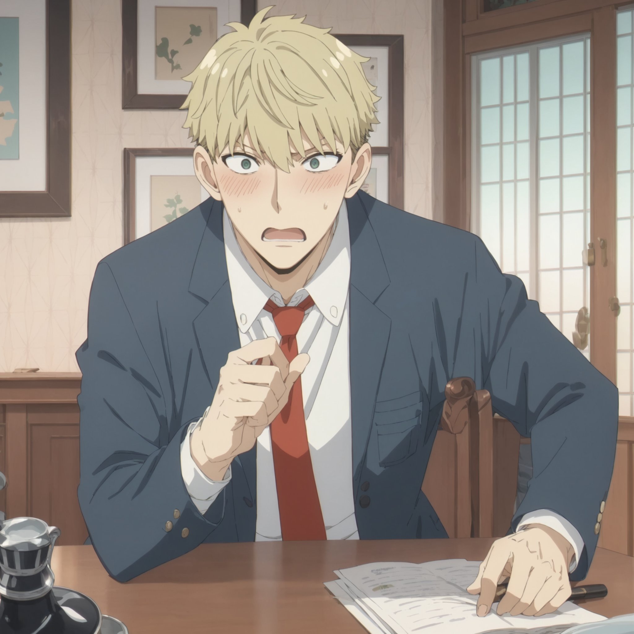 score_9, score_8_up, score_7_up, score_6_up, score_5_up, score_4_up, masterpiece, best quality, anime screencap, anime screenshot, anime coloring, loid forger, blonde hair, green eyes, caught as a spy, embarrassed, trying to hide