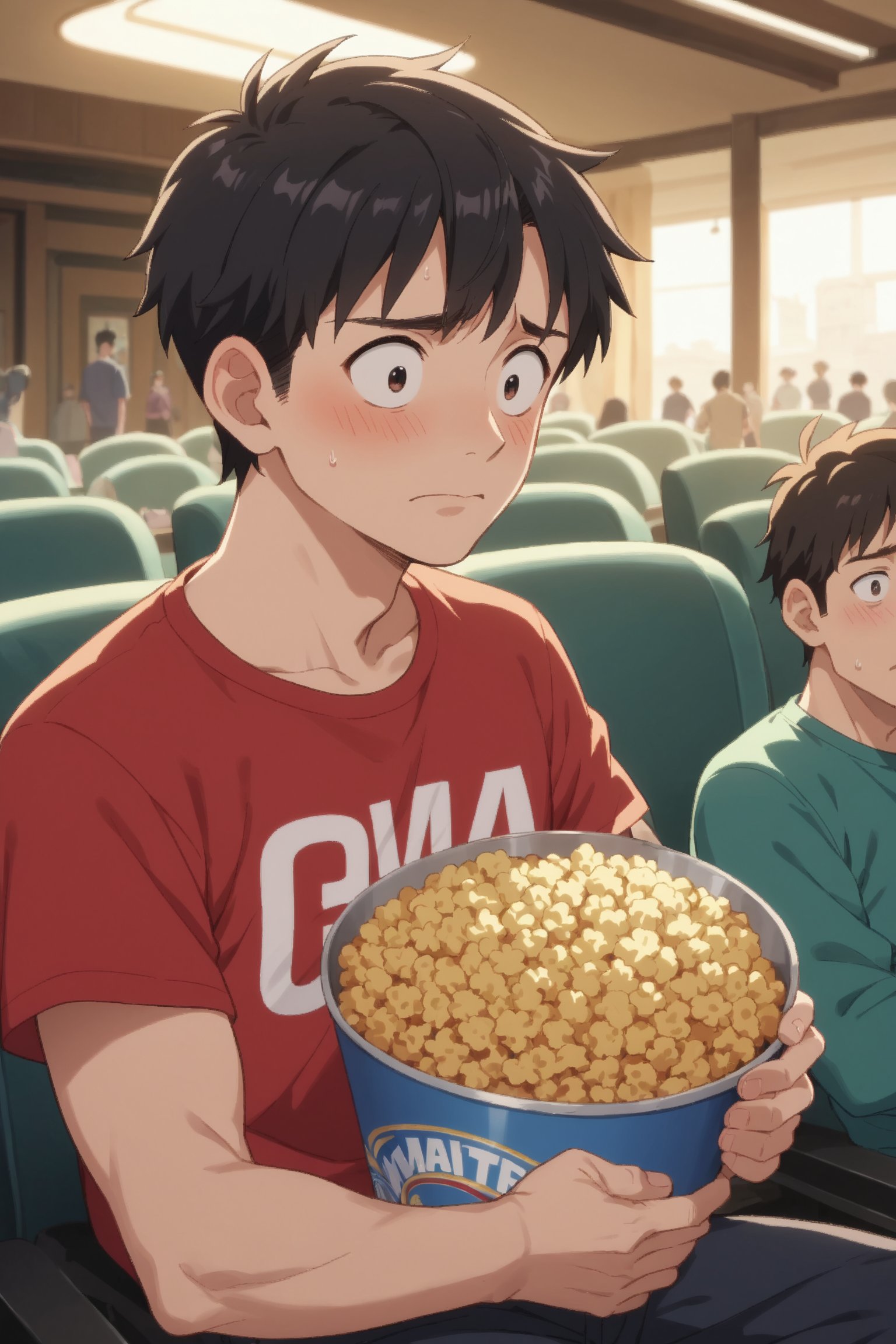 score_9, score_8_up, score_7_up, score_6_up, score_5_up, score_4_up, masterpiece, best quality, anime screencap, anime screenshot, anime coloring, girl and boy watching movies together, at the cinema, spiling popcorn, embarrassed