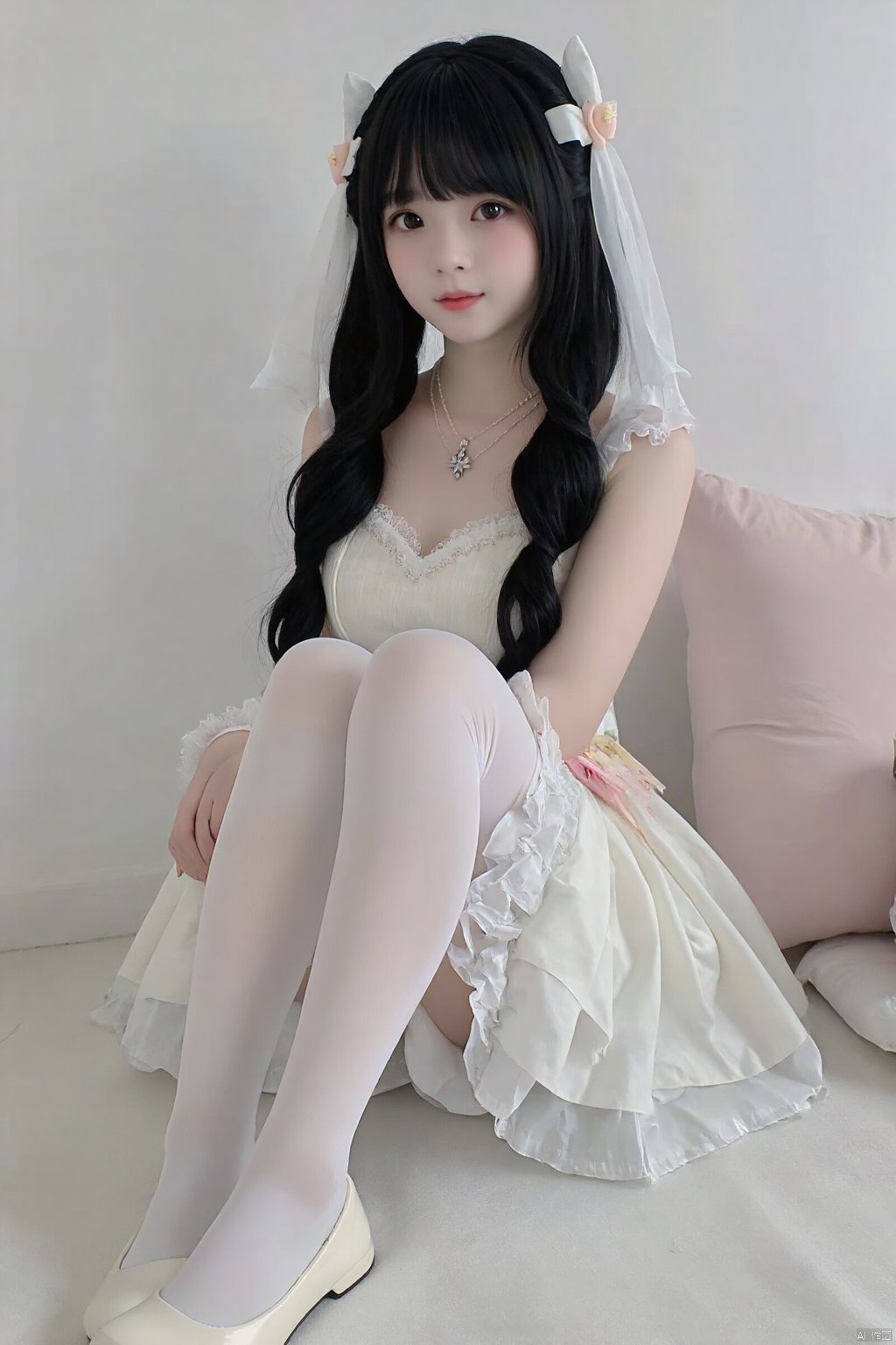 cpdd，One girl, Loli, long black hair, full body, sitting, In white pantyhose, Lolita,Show your thighs, spread your legs，Photo Frame, Photo Frame，Photos,