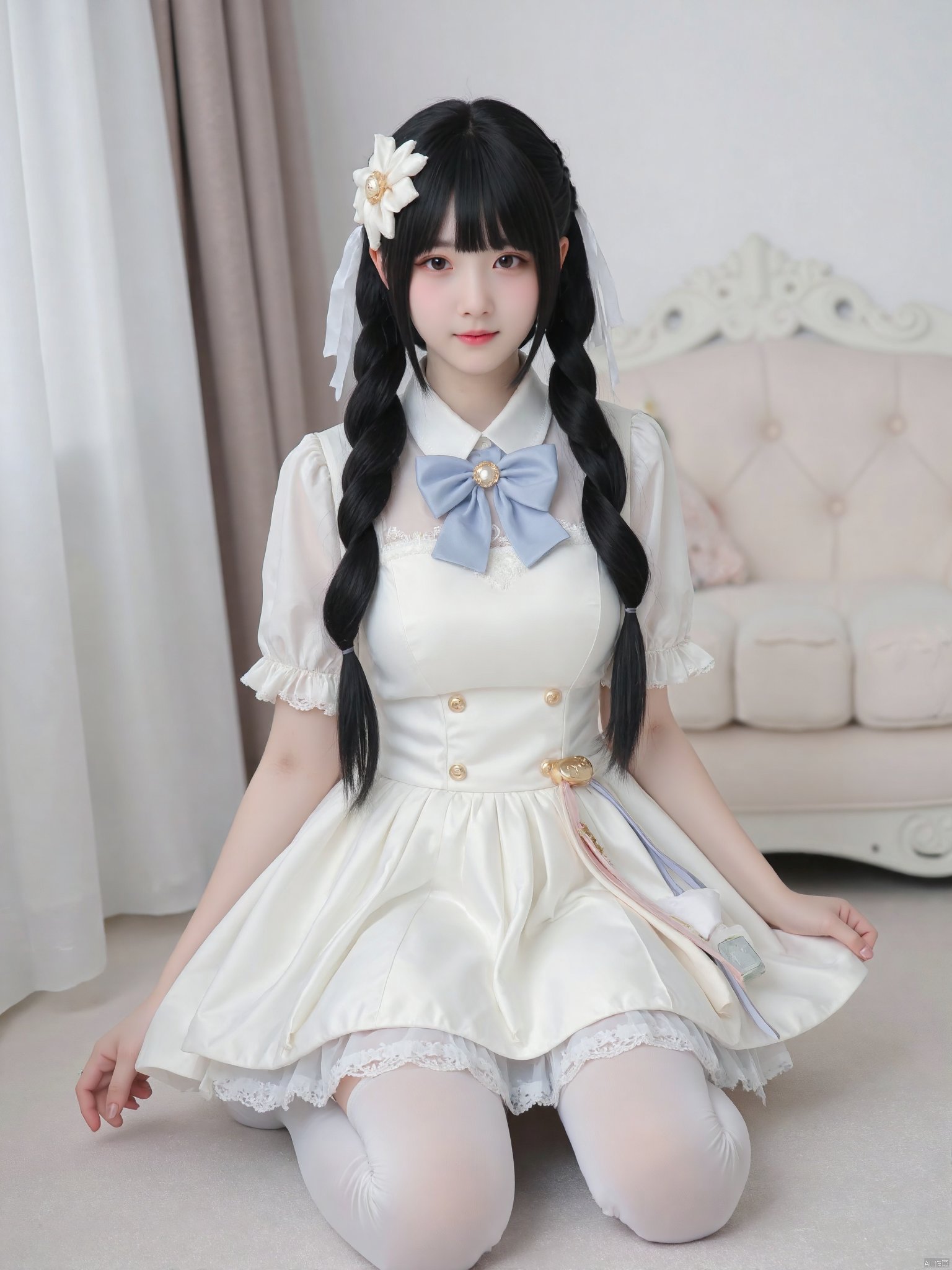 cpdd，One girl, Loli, long black hair, full body, sitting, In white pantyhose, Lolita,Show your thighs, spread your legs，Photo Frame, Photo Frame