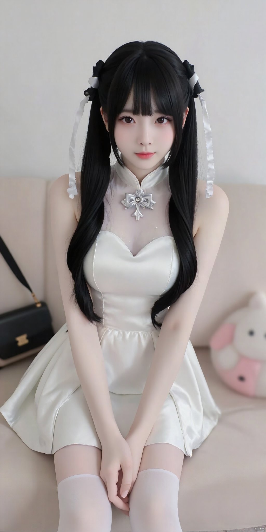 cpdd，One girl, Loli, long black hair, full body, sitting, In white pantyhose, Lolita,Show your thighs, spread your legs，Republic of China cheongsam