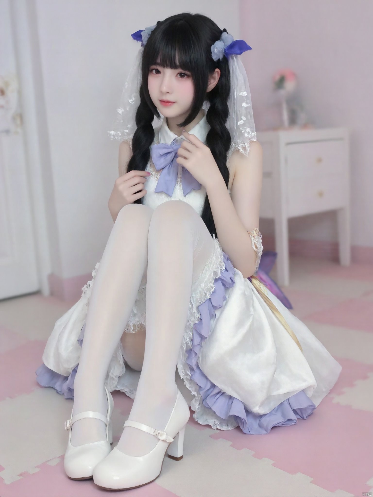 cpdd，One girl, Loli, long black hair, full body, sitting, In white pantyhose, Lolita,Show your thighs, spread your legs，Photo Frame, Photo Frame