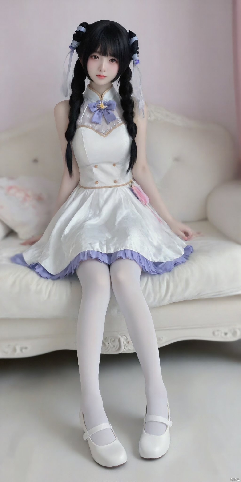 cpdd，One girl, Loli, long black hair, full body, sitting, In white pantyhose, Lolita,Show your thighs, spread your legs，Republic of China cheongsam