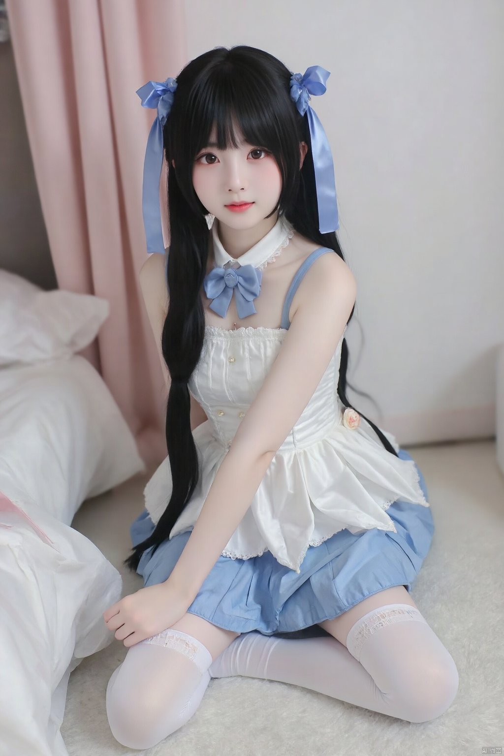 cpdd，One girl, Loli, long black hair, full body, sitting, In white pantyhose, Lolita,Show your thighs, spread your legs，Photo Frame, Photo Frame，Photos,