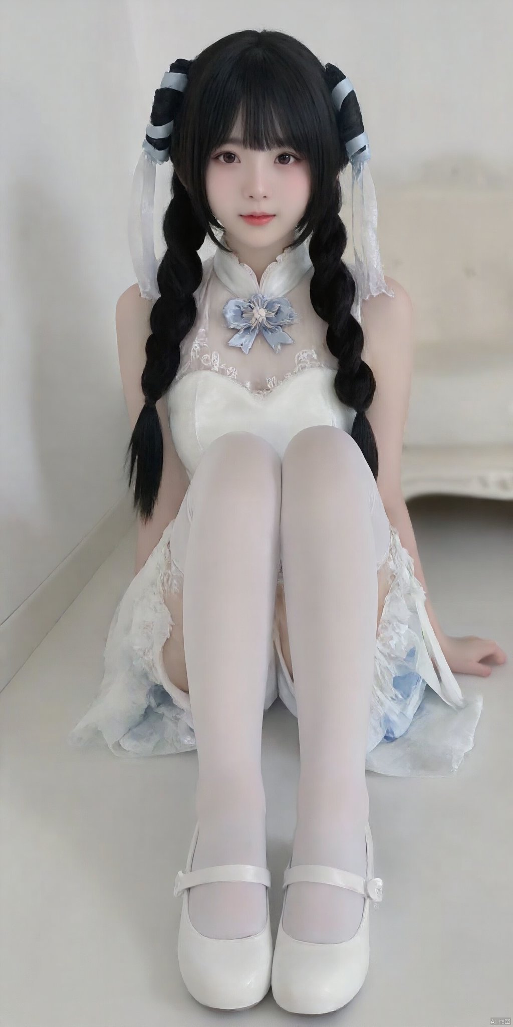 cpdd，One girl, Loli, long black hair, full body, sitting, In white pantyhose, Lolita,Show your thighs, spread your legs，Republic of China cheongsam