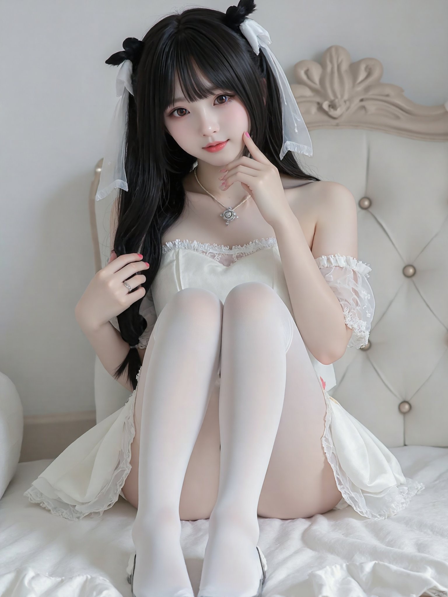 cpdd，One girl, Loli, long black hair, full body, sitting, In white pantyhose, Lolita,Show your thighs, spread your legs，Photo Frame, Photo Frame，Photos,