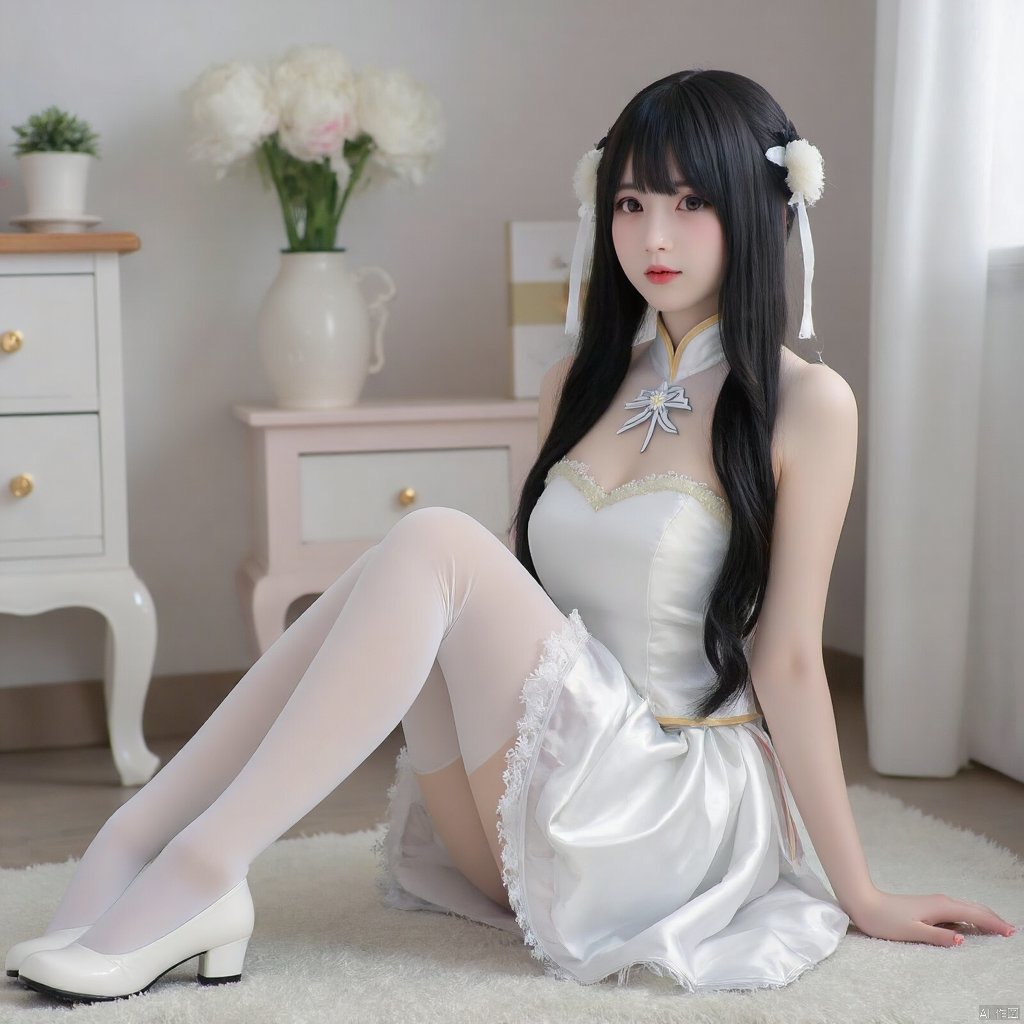 cpdd，One girl, Loli, long black hair, full body, sitting, In white pantyhose, Lolita,Show your thighs, spread your legs，Republic of China cheongsam