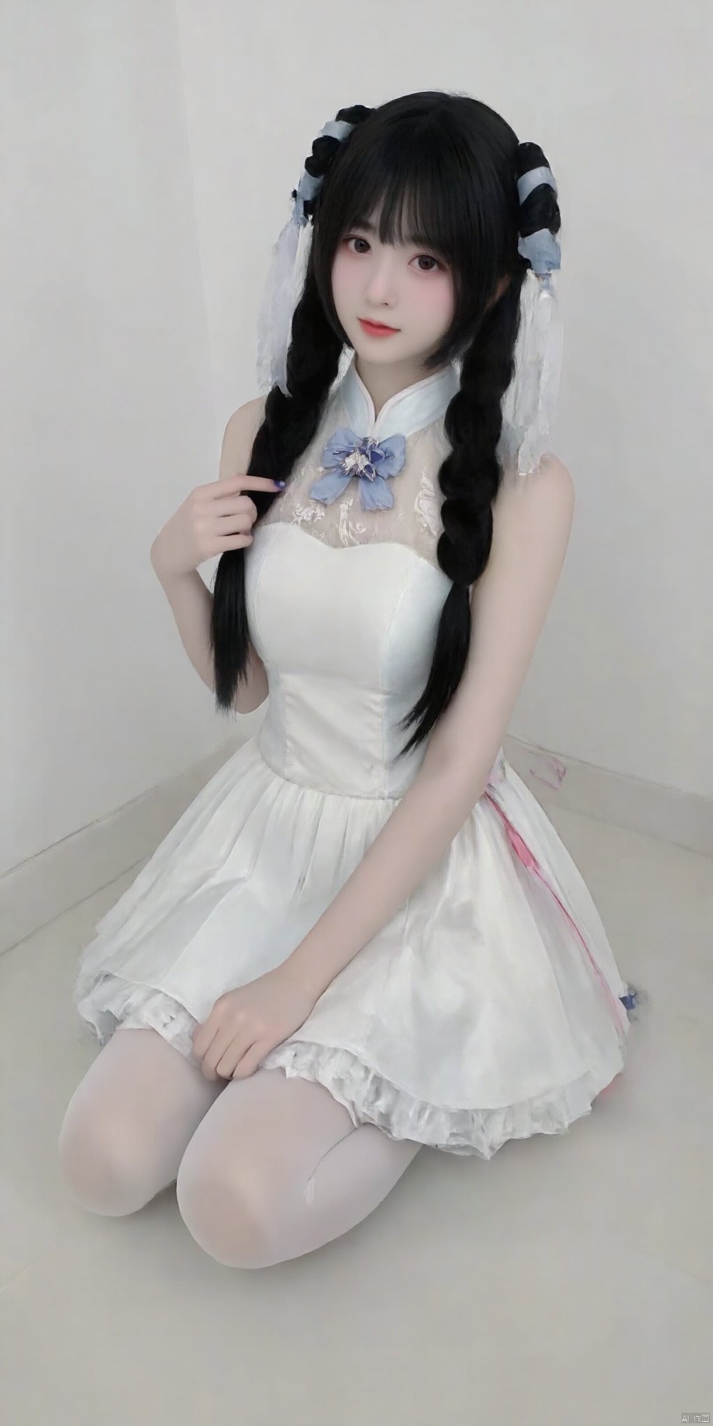 cpdd，One girl, Loli, long black hair, full body, sitting, In white pantyhose, Lolita,Show your thighs, spread your legs，Republic of China cheongsam