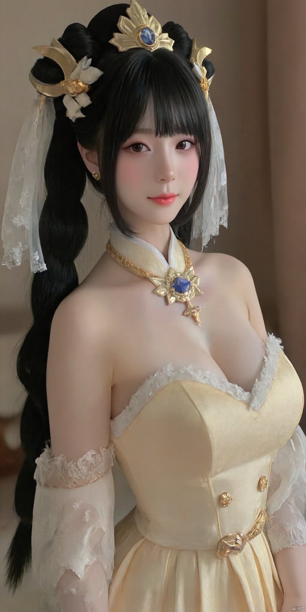 cpdd，A woman, exaggerated breasts, exaggerated cleavage, golden robes, golden emperor hats, extra long black hair, gold jewelry, delicate face, delicate hands, blush, rouge，whole body