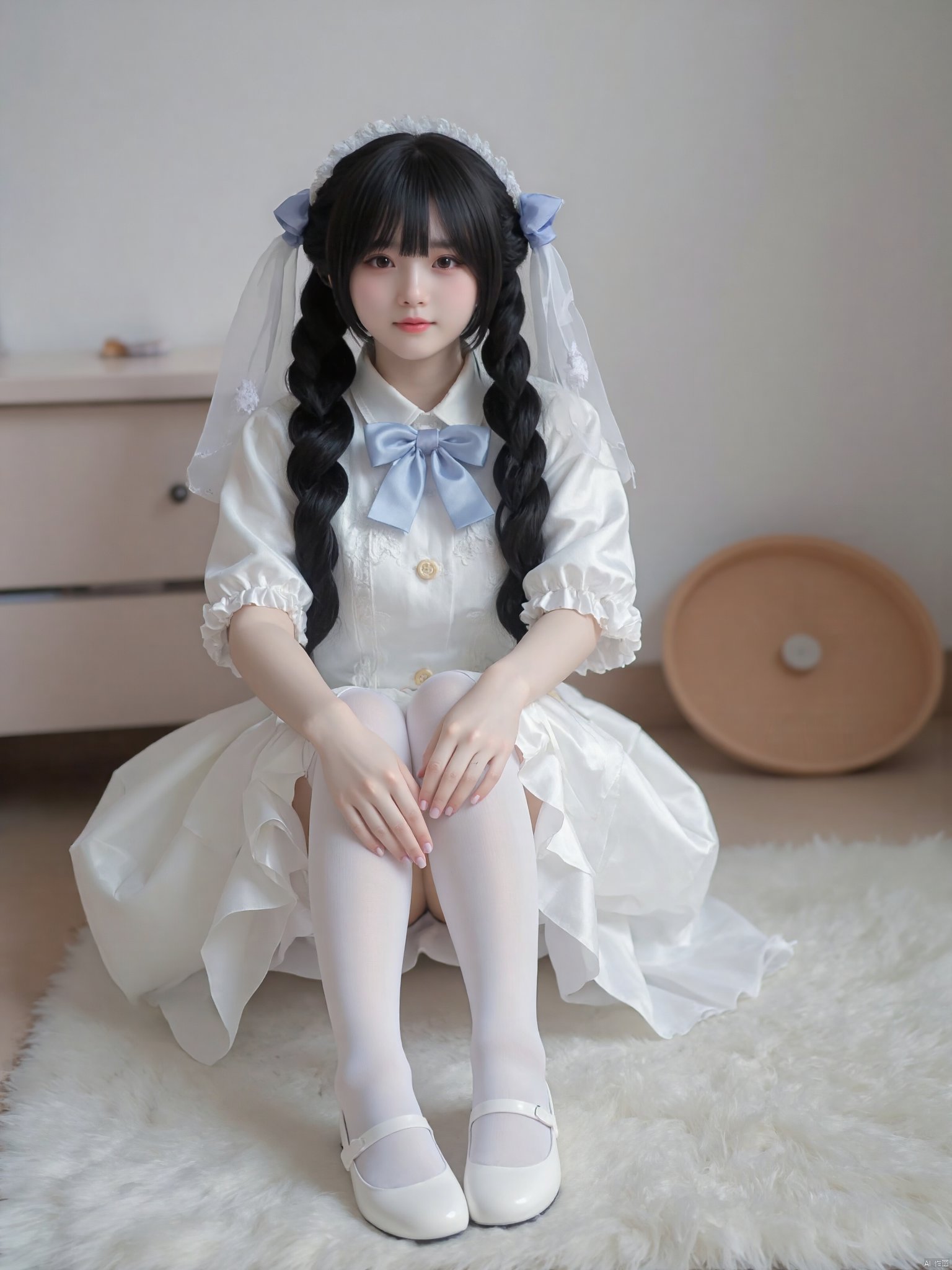 cpdd，One girl, Loli, long black hair, full body, sitting, In white pantyhose, Lolita,Show your thighs, spread your legs，Photo Frame, Photo Frame，Photos,