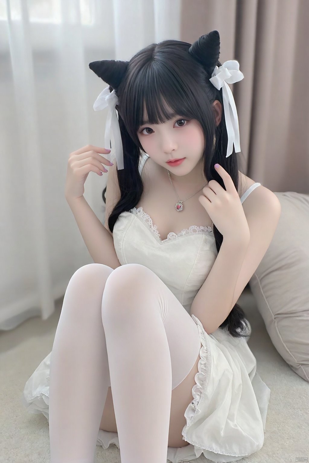 cpdd，One girl, Loli, long black hair, full body, sitting, In white pantyhose, Lolita,Show your thighs, spread your legs，Photo Frame, Photo Frame，Photos,