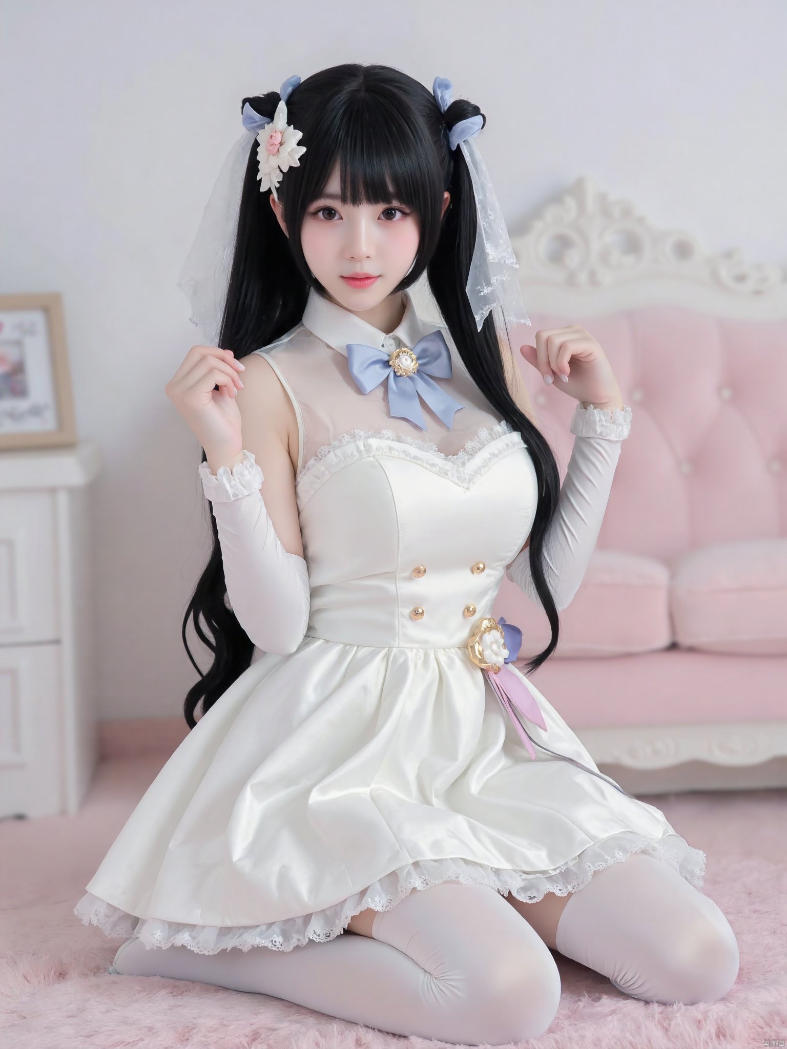 cpdd，One girl, Loli, long black hair, full body, sitting, In white pantyhose, Lolita,Show your thighs, spread your legs，Photo Frame, Photo Frame