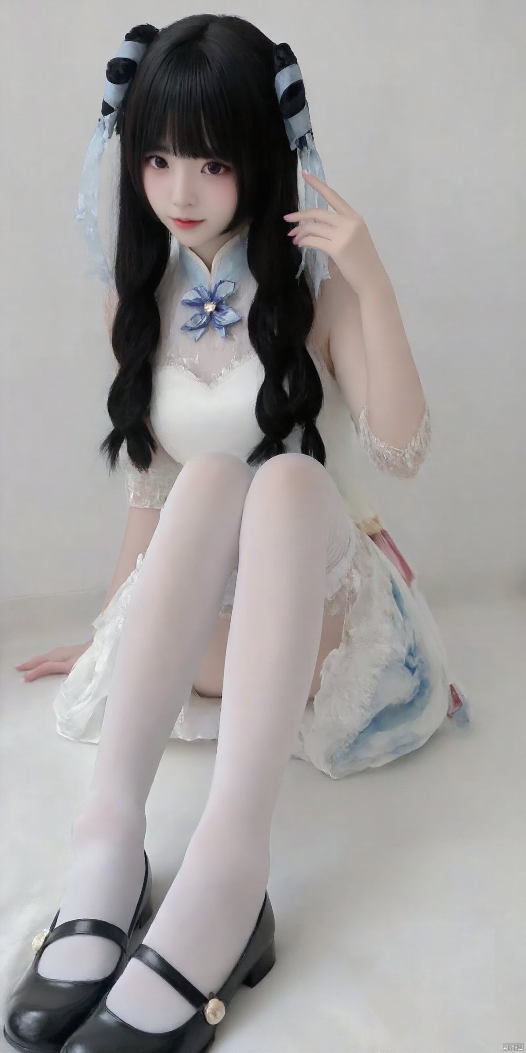 cpdd，One girl, Loli, long black hair, full body, sitting, In white pantyhose, Lolita,Show your thighs, spread your legs，Republic of China cheongsam