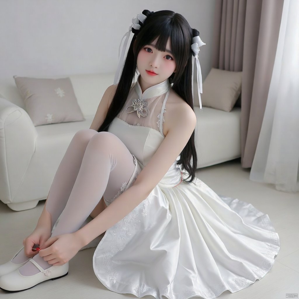 cpdd，One girl, Loli, long black hair, full body, sitting, In white pantyhose, Lolita,Show your thighs, spread your legs，Republic of China cheongsam