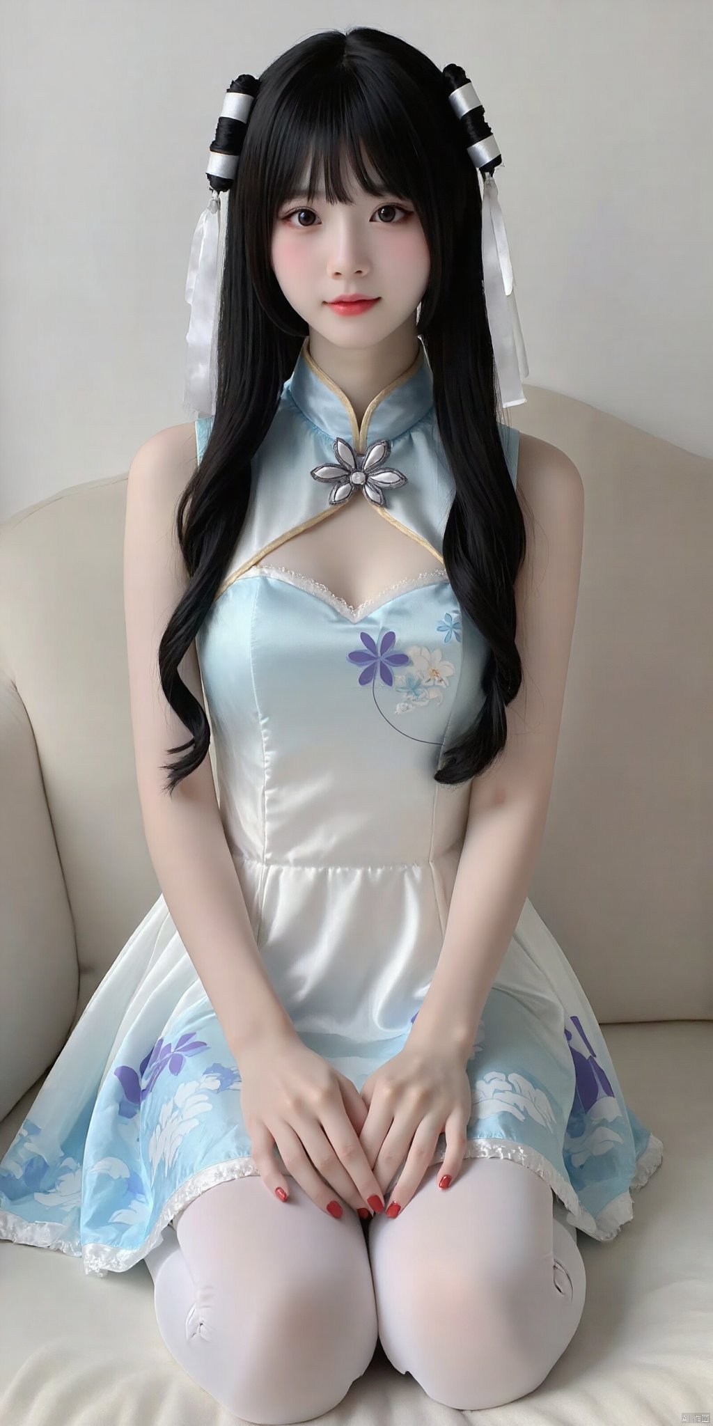 cpdd，One girl, Loli, long black hair, full body, sitting, In white pantyhose, Lolita,Show your thighs, spread your legs，Republic of China cheongsam