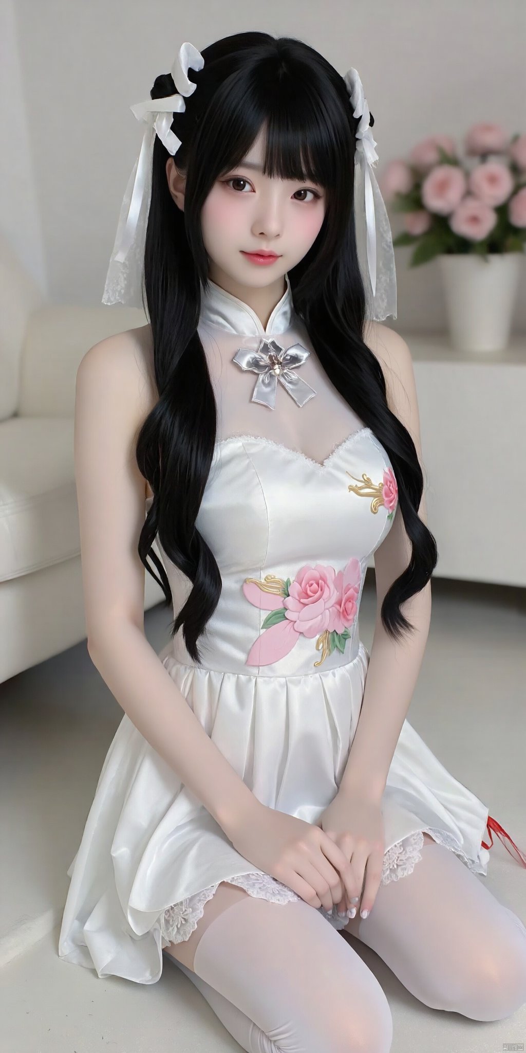 cpdd，One girl, Loli, long black hair, full body, sitting, In white pantyhose, Lolita,Show your thighs, spread your legs，Republic of China cheongsam