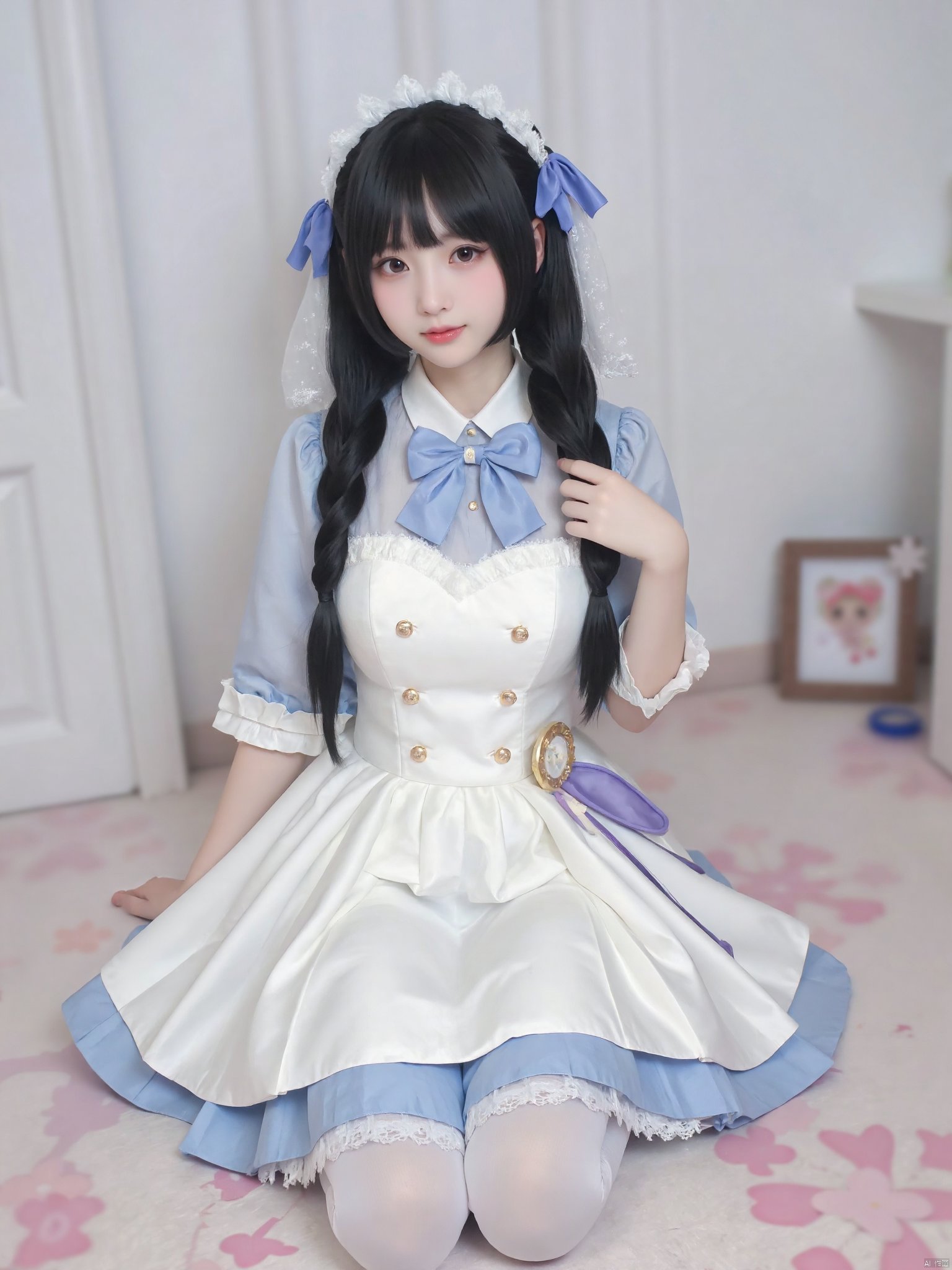 cpdd，One girl, Loli, long black hair, full body, sitting, In white pantyhose, Lolita,Show your thighs, spread your legs，Photo Frame, Photo Frame