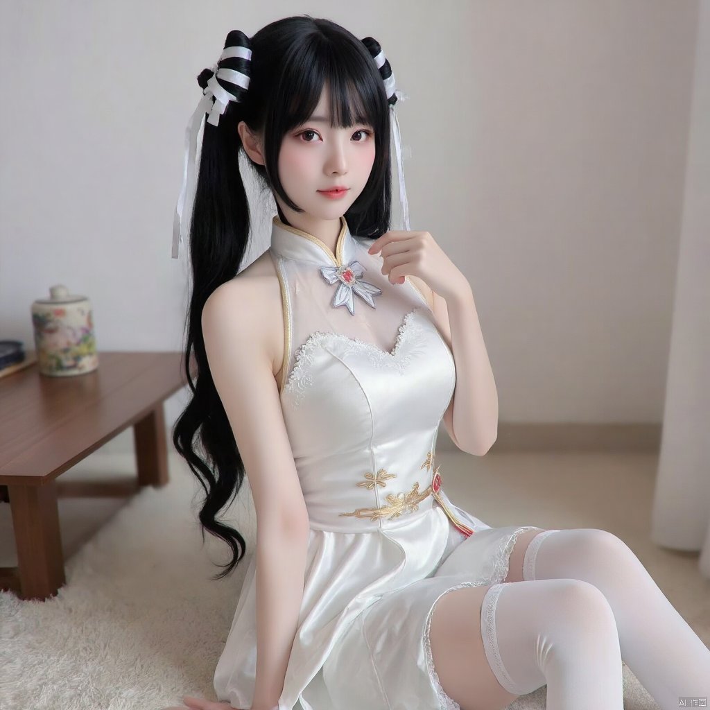 cpdd，One girl, Loli, long black hair, full body, sitting, In white pantyhose, Lolita,Show your thighs, spread your legs，Republic of China cheongsam