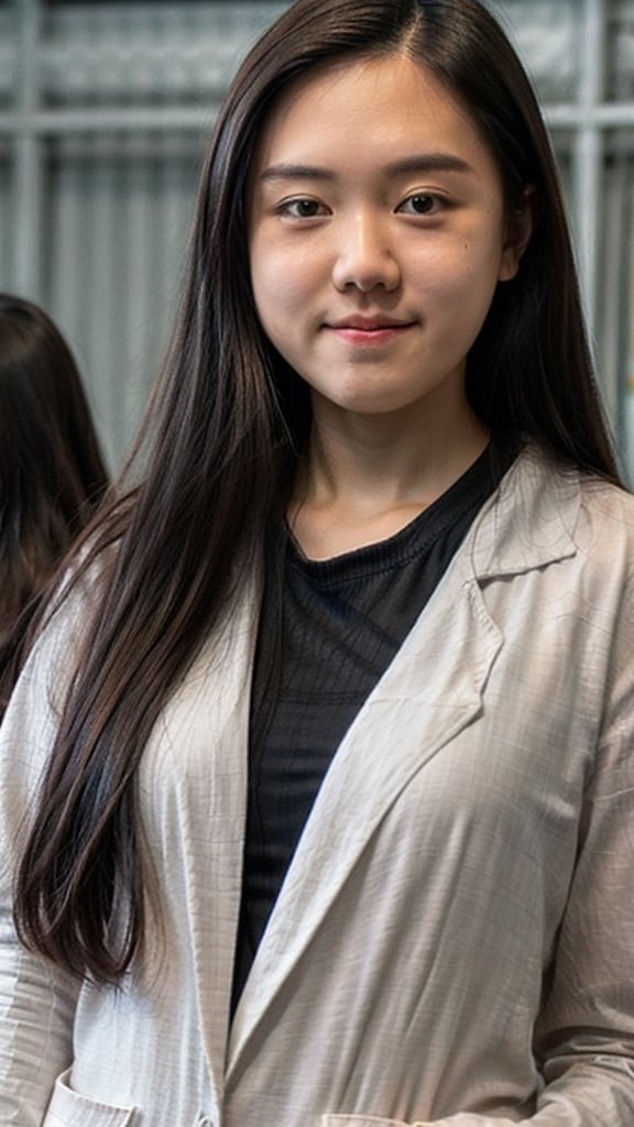 1girl, solo, long hair, looking at viewer, simple background, black hair, artist name, grey background, black eyes, lips, realistic, nose, hands in pockets, white lab coat, ((18 years old)), ((asian)) , ((POV)), ((close-up)), 