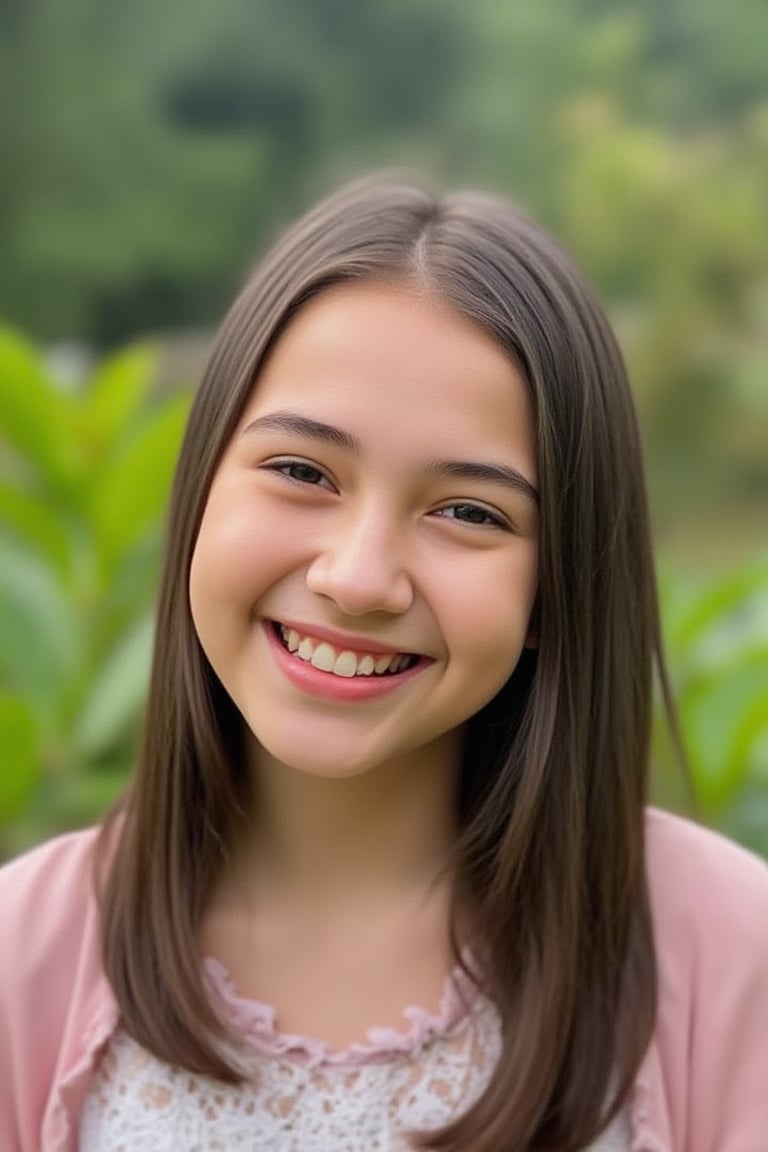 sandrine girl, 14 year old. Professional photo, portrait. Big smile showing teeth, head tilt. Shallow depth of field. Natural lighting