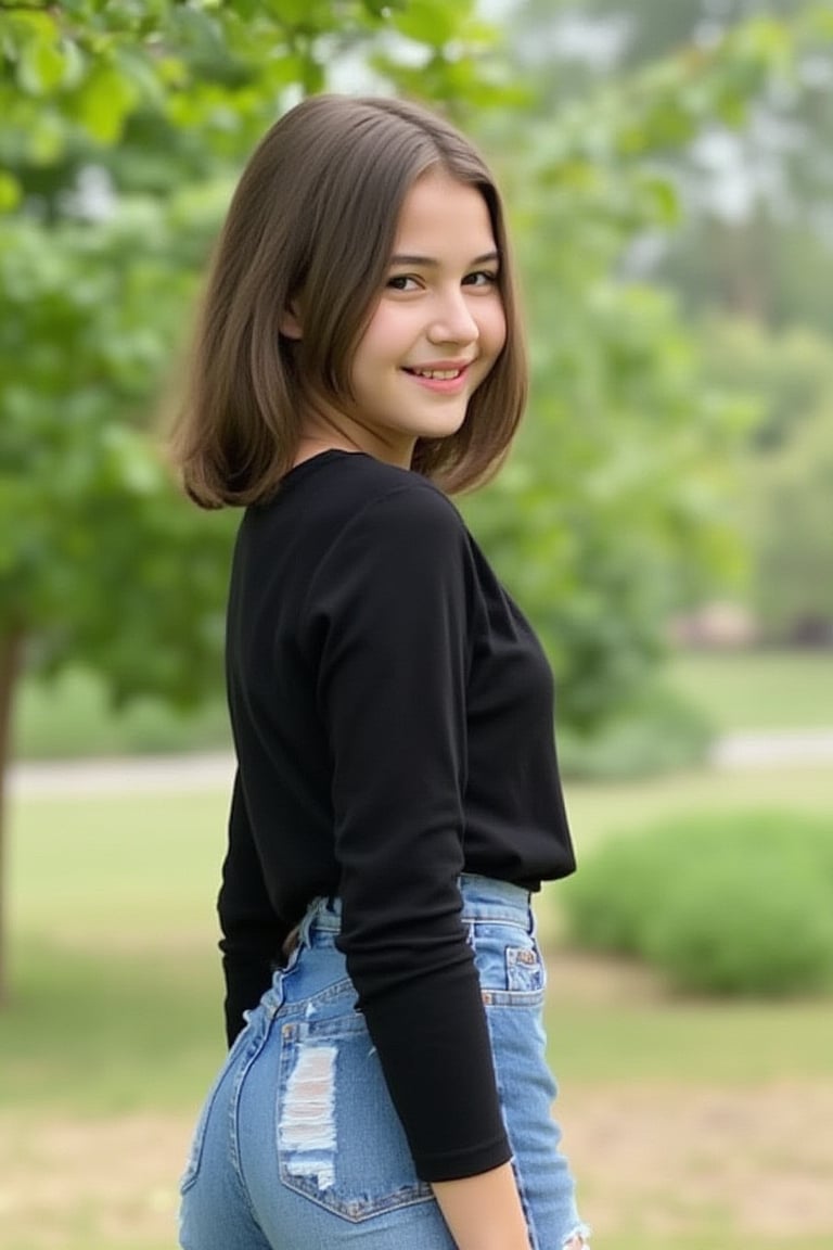 view from side, sandrine girl, 14 year old. Looking at viewer over shoulder. Smile. She is wearing a black top and torn denim shorts. Shallow depth of field. 