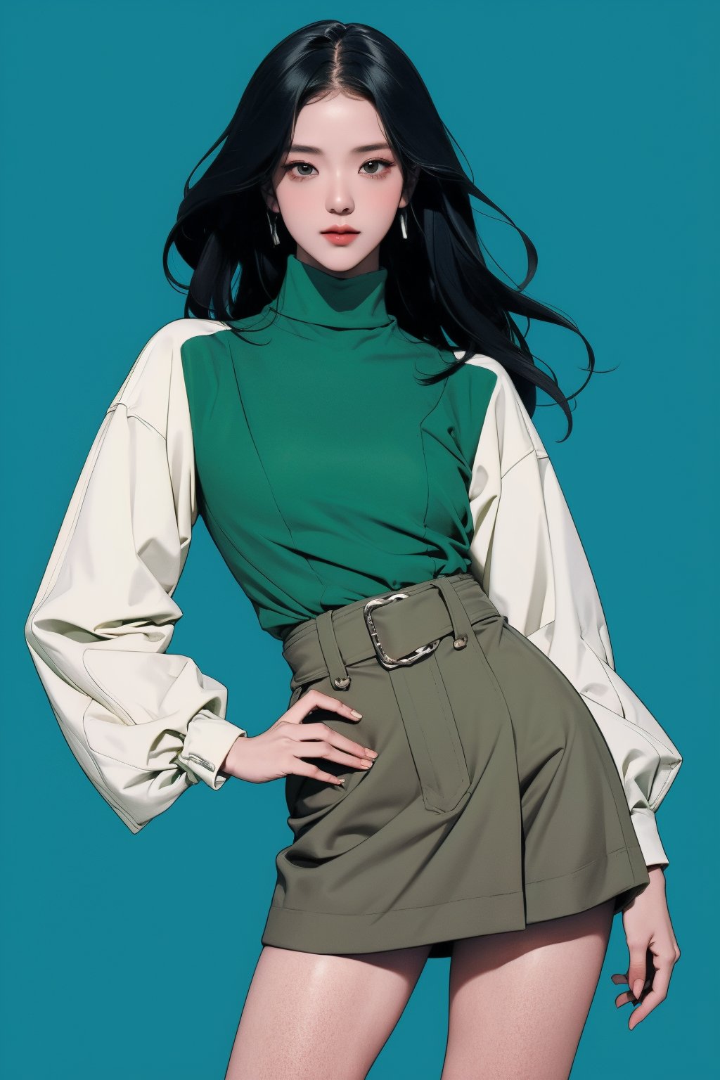 1girl, thigh up body, standing, looking at viewer, detailed clothes, turtle neck shirt, miniskirt, accurate color reproduction, best quality, professionally color graded, artwork, blurring effect, professional lighting, sanatw, magazine cover, green background, jisoo