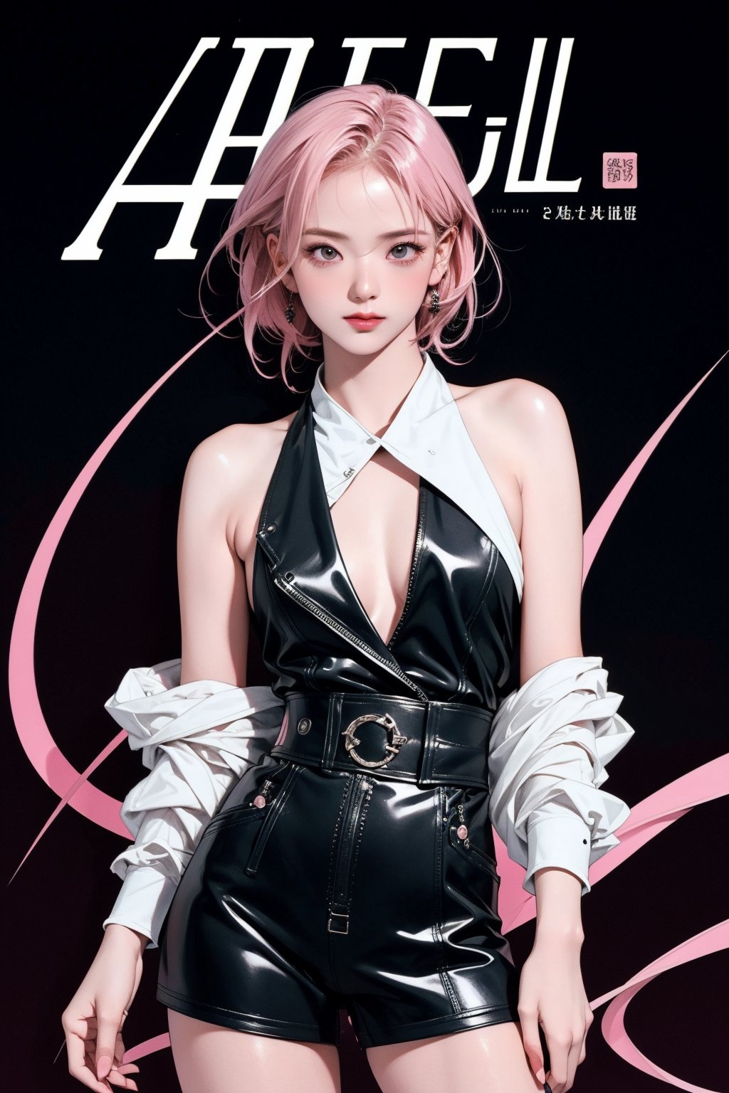 1girl, thigh up body, standing, looking at viewer, pink hair, styled clothes, ultra detail, accurate color reproduction, black background, best quality, professionally color graded, artwork, blurring effect, professional lighting, sanatw, magazine cover,sim,chimai,aespakarina,jisoo