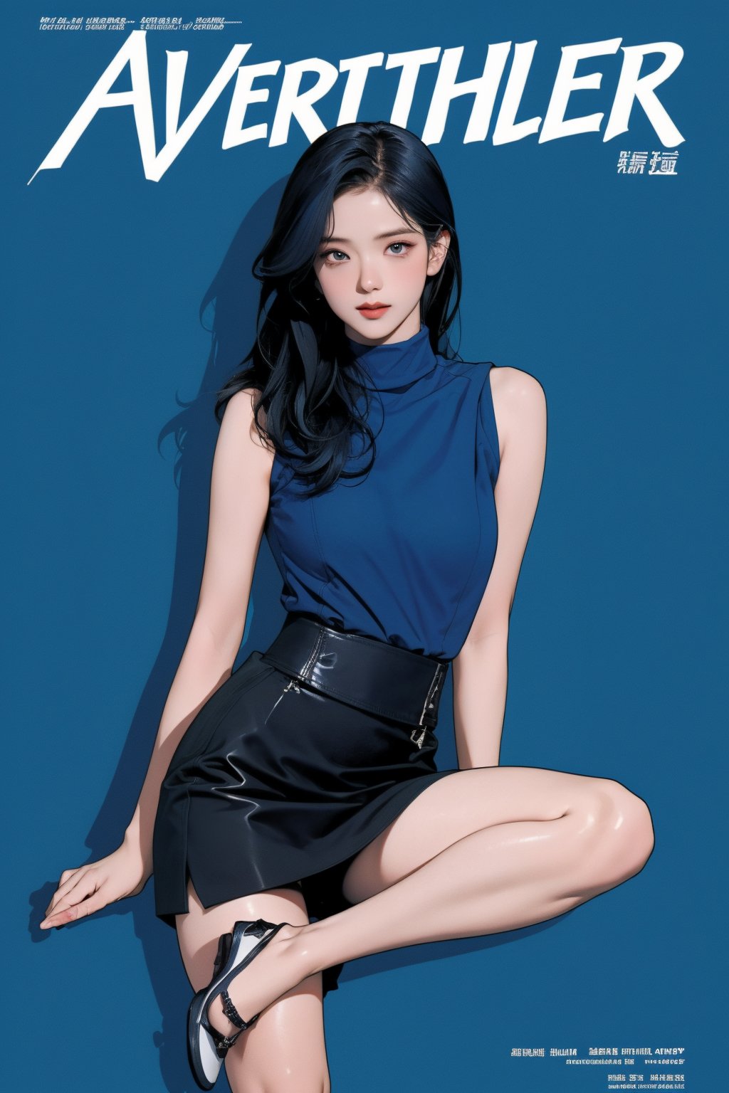 1girl, thigh up, looking at viewer, detailed clothes, turtle neck shirt, sleeveless, accurate color reproduction, best quality, professionally color graded, artwork, blurring effect, professional lighting, sanatw, magazine cover, blue background, jisoo