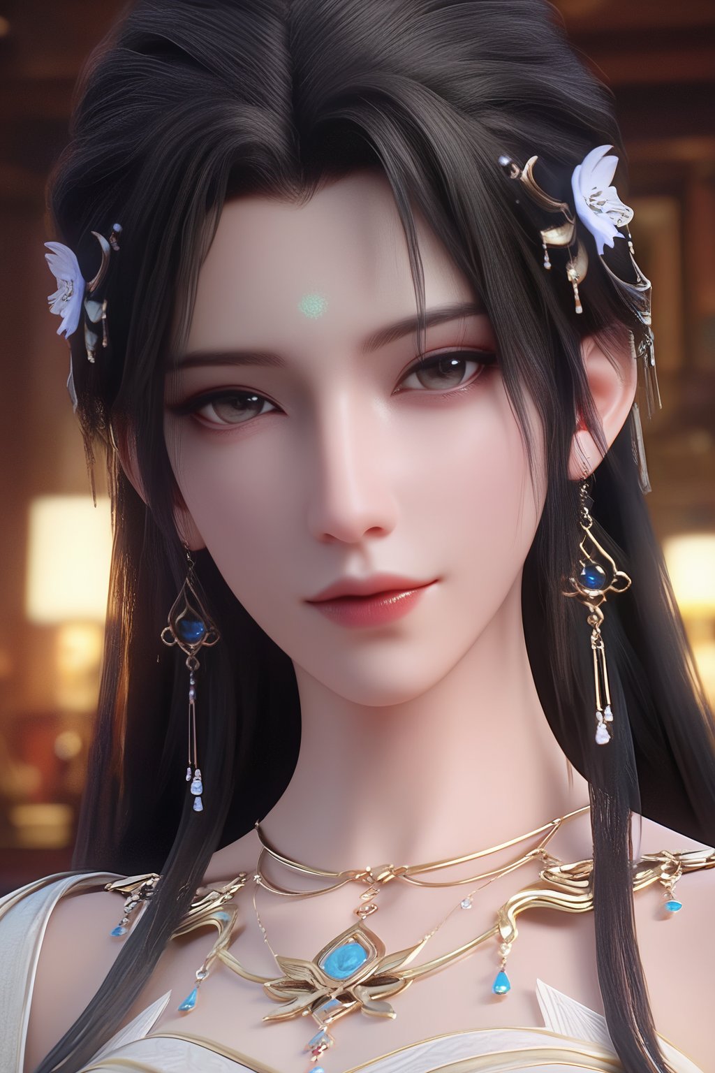 (Vision:1.3),score_9, score_8_up,score_7_up,upper body,masterpiece,best quality, incredibly_absurdres, expressive eyes, perfect face,(spoken heart),cinematic lighting,1girl,looking at viewer,mature female, earrings,flaccid,3d,qingyi,long black hair