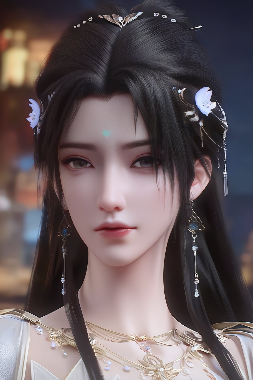 (Vision:1.3),score_9, score_8_up,score_7_up,upper body,masterpiece,best quality, incredibly_absurdres, expressive eyes, perfect face,(spoken heart),cinematic lighting,1girl,looking at viewer,mature female, earrings,flaccid,3d,qingyi,long black hair