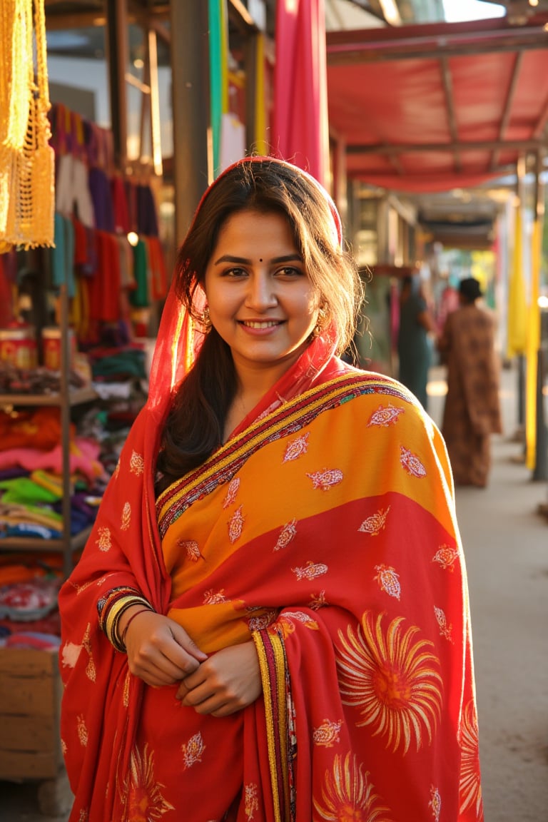 A cinematic portrait of a woman in a traditional sari, standing in a vibrant Indian marketplace, bright fabrics and colors surrounding her, golden afternoon light shining on her face, joyful smile, soft-focus background. Detailed and rich textures, hd quality