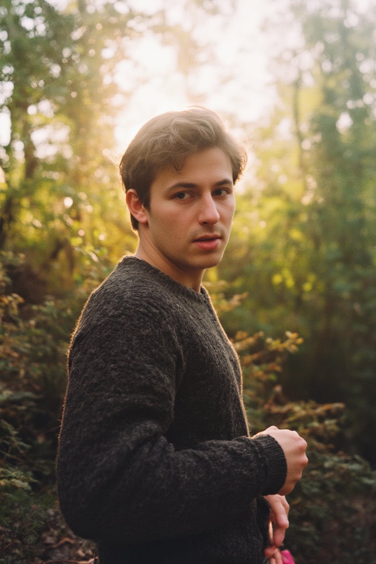 A cinematic film photograph of a man in a cozy knit sweater, standing at the edge of a misty forest during sunrise, golden light breaking through trees, soft shadows on his face, serene expression, slightly turned to the side. Rich color tones, slight film grain, hd quality