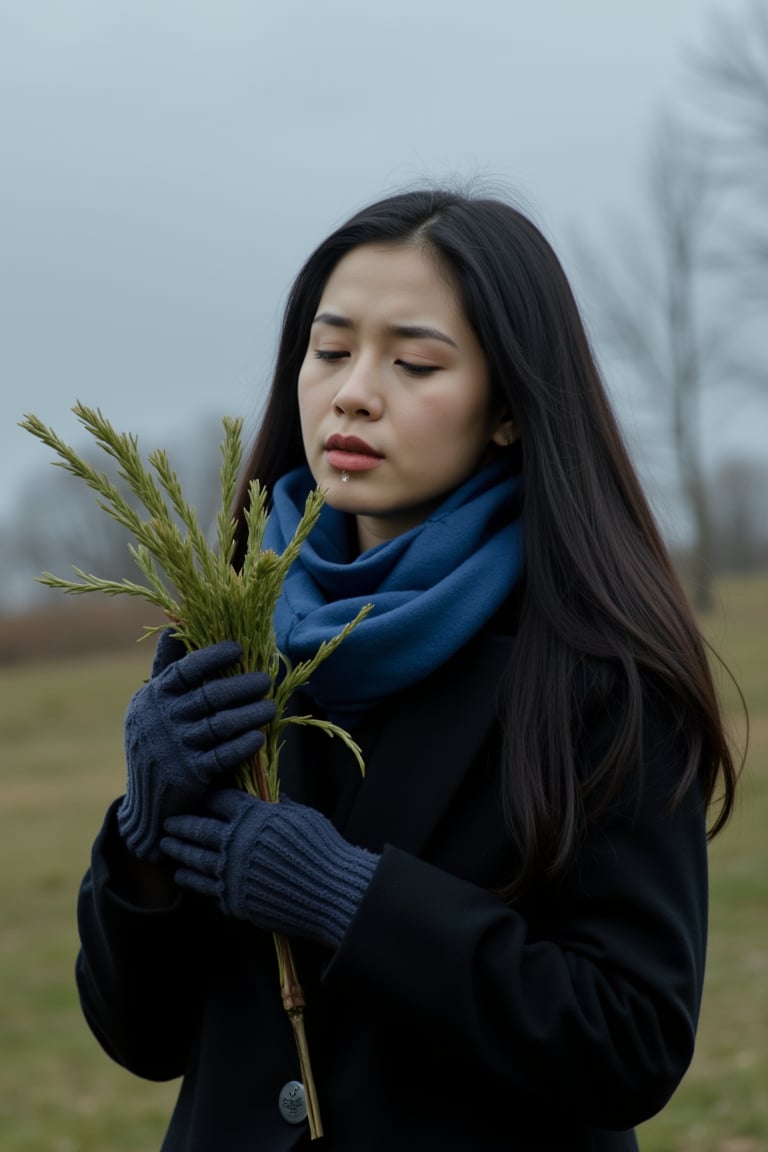 cinematic film still  
Film grain still image of a woman in a black coat and a blue scarf holding a plant,1girl,solo,long hair,black hair,gloves,closed eyes,outdoors,scarf,blurry,coat,realistic,mittens , cinematic look, film look, filmic, contrast, detailed, high quality, sharp image, film color, Kodak Motion Picture Film style, different color, different people, different look, different style, 35MM Film, 16MM Film, Photographic film, music video style, artistic style, cinematic style, film granularity, film noise, image noise, artistic effect, Fujicolor, Fuji film, Analog photography, movie style, movie still, Film grain overlay, Film Grain style . shallow depth of field, vignette, highly detailed, high budget, bokeh, cinemascope, moody, epic, gorgeous, film grain, grainy