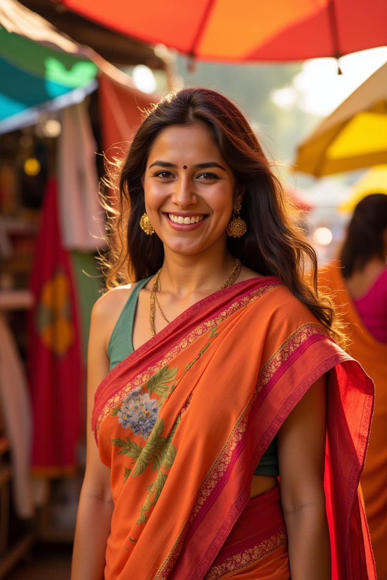 A cinematic portrait of a woman in a traditional sari, standing in a vibrant Indian marketplace, bright fabrics and colors surrounding her, golden afternoon light shining on her face, joyful smile, soft-focus background. Detailed and rich textures, hd quality