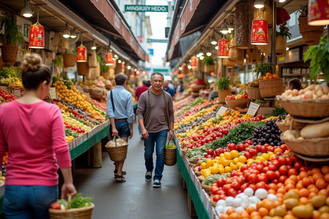 In a lively market, vendors stand behind colorful stalls piled high with fresh fruits, vegetables, and spices, their vibrant hues catching the eye. The air buzzes with the sound of bargaining as shoppers negotiate prices, searching for the best deals on everything from ripe tomatoes to fragrant herbs. The aroma of freshly baked bread mingles with the scent of ripe peaches, while the chatter of sellers calling out their goods fills the air. People weave through the narrow aisles, baskets in hand, as they exchange smiles and pleasantries with familiar faces.
