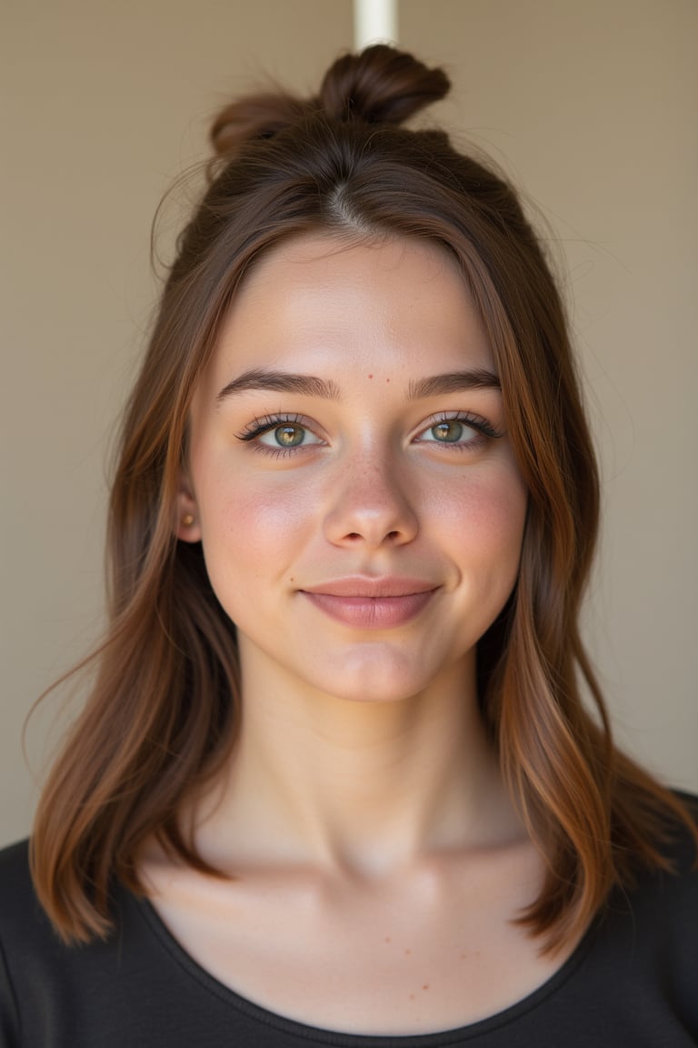 senior year school photo, front view, portrait photo of a 18 y.o girl, brown hair, half updo, beautiful face, cinematic shot