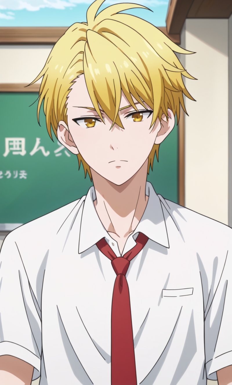 score_9,score_8_up,score_7_up, anime screencap, masterpiece, best quality, best aesthetics, perfect anatomy, perfect proportions, perfect eyes, high resolution, good colors, bright skin , good shading, countershading, well detailed background, 1boy, solo,Haruitsuki,blonde hair,yellow eyes,hair between eyes, looking at viewer, school uniform, white collared shirt, short sleeves, red necktie,