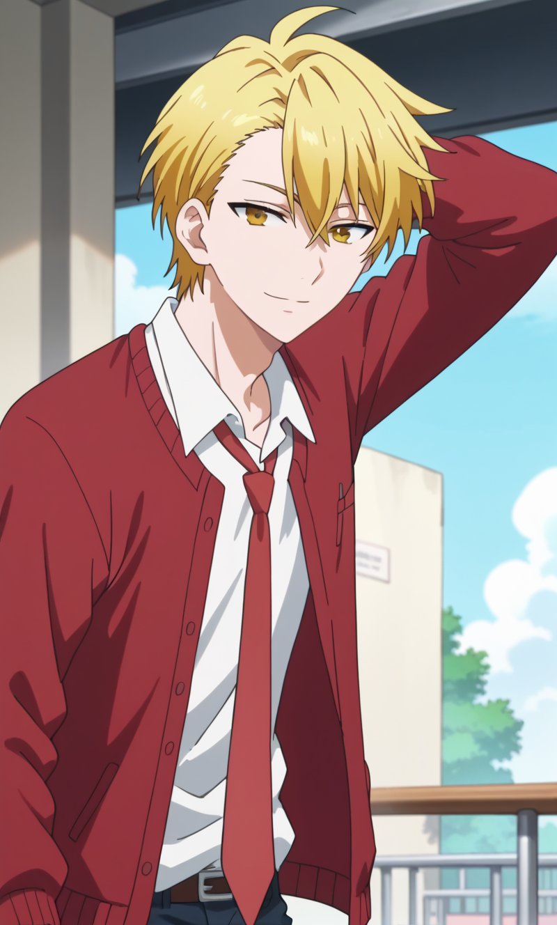 score_9,score_8_up,score_7_up, anime screencap, masterpiece, best quality, best aesthetics, perfect anatomy, perfect proportions, perfect eyes, high resolution, good colors, bright skin , good shading, countershading, well detailed background, 1boy, solo,Haruitsuki,blonde hair,yellow eyes,hair between eyes, looking at viewer, school uniform, white collared shirt, red cardigan, open clothes, red necktie, light smile