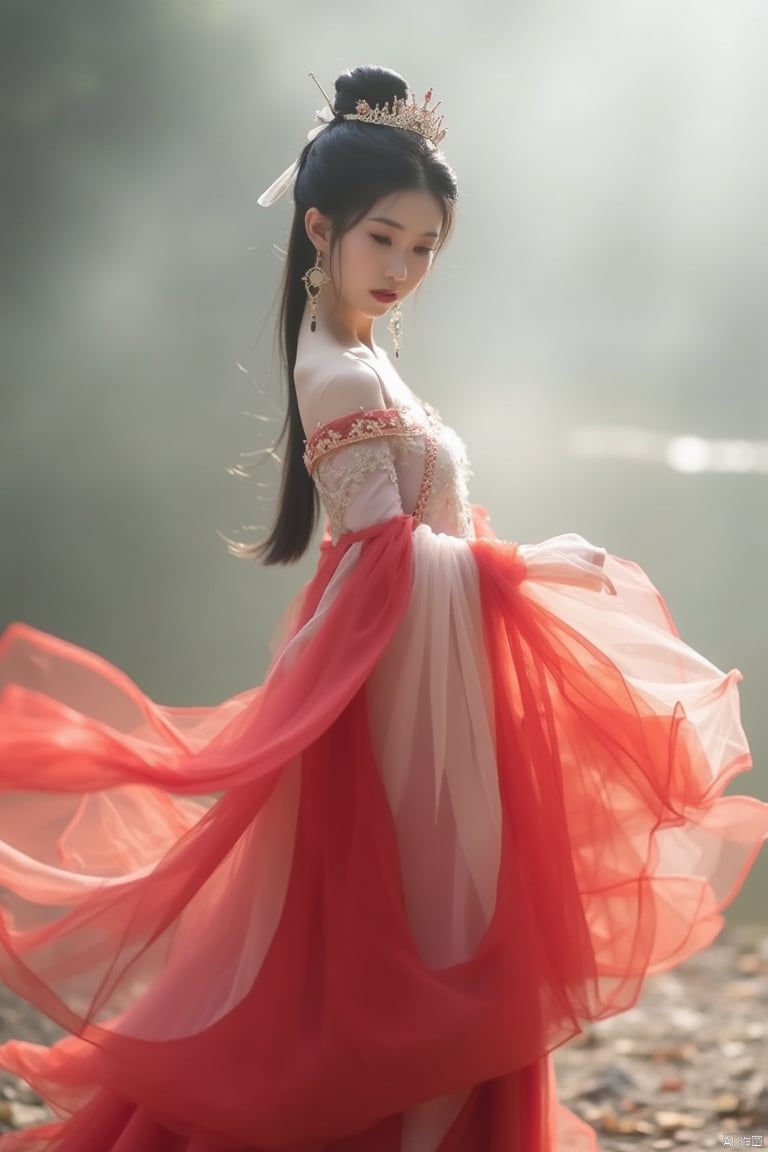 a beautiful Asian woman stands in a stunning pose. She is dressed in a flowing red and white dress, adorned with a crown on her head. Her hair is styled in a sleek bob, adding a touch of beauty to the scene. The backdrop is a mix of fog and mist, creating a peaceful and serene atmosphere.
