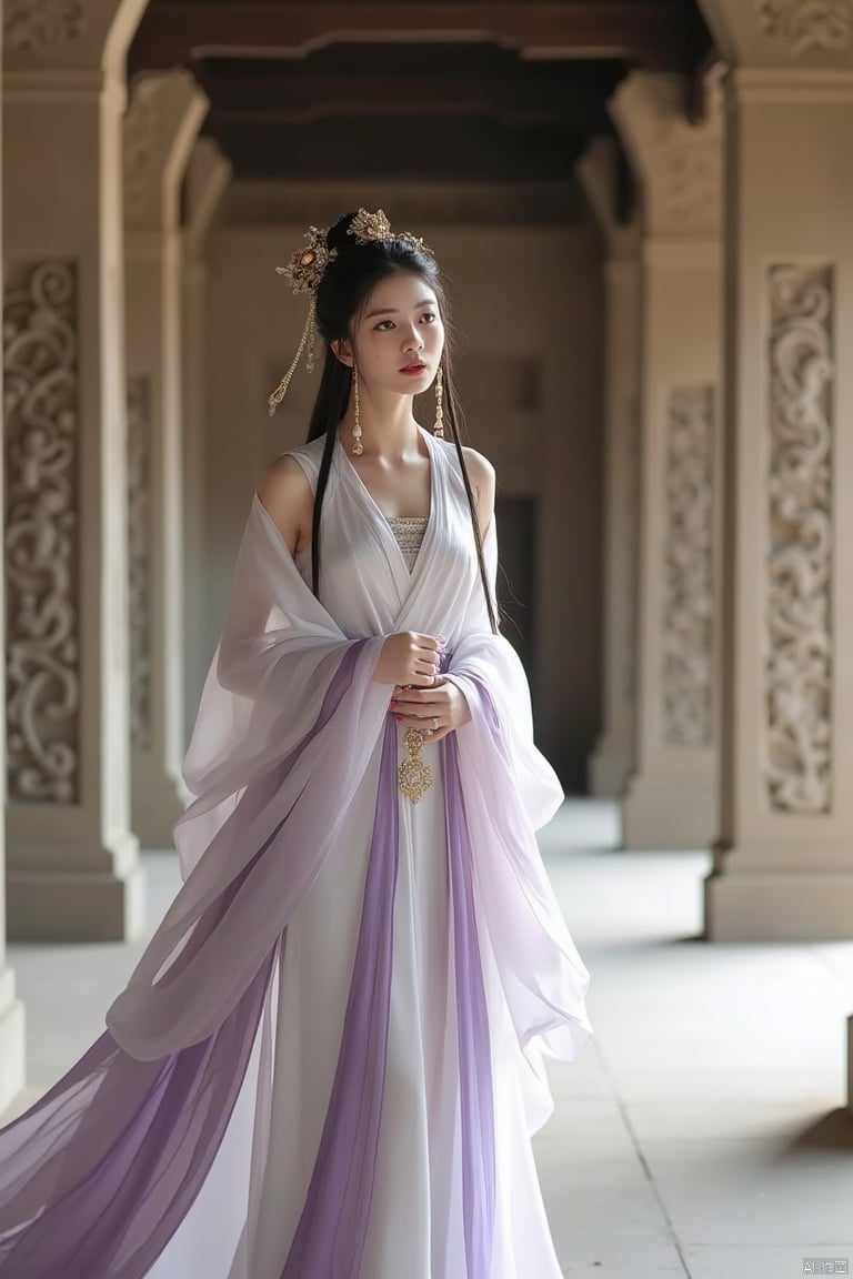 inspired by dunhuang art, ethereal woman in traditional chinese attire, tang dynasty, flowing white and lavender robes, intricate gold headdress, delicate jewelry, dunhuang, serene expression, graceful pose, soft natural light, intricate stone carvings in the background, soft and ethereal mood, full-body shot, slight tilt angle