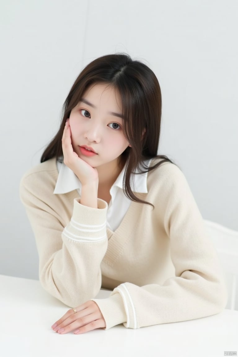 a young Asian woman with dark brown hair is seated on a white table, her left hand resting on her chin. She is wearing a cream-colored sweater, adorned with a white collar and long-sleeved stripes. Her right hand is resting on the table, adding a touch of touch to her face. The backdrop is a stark white, creating a stark contrast to her outfit.