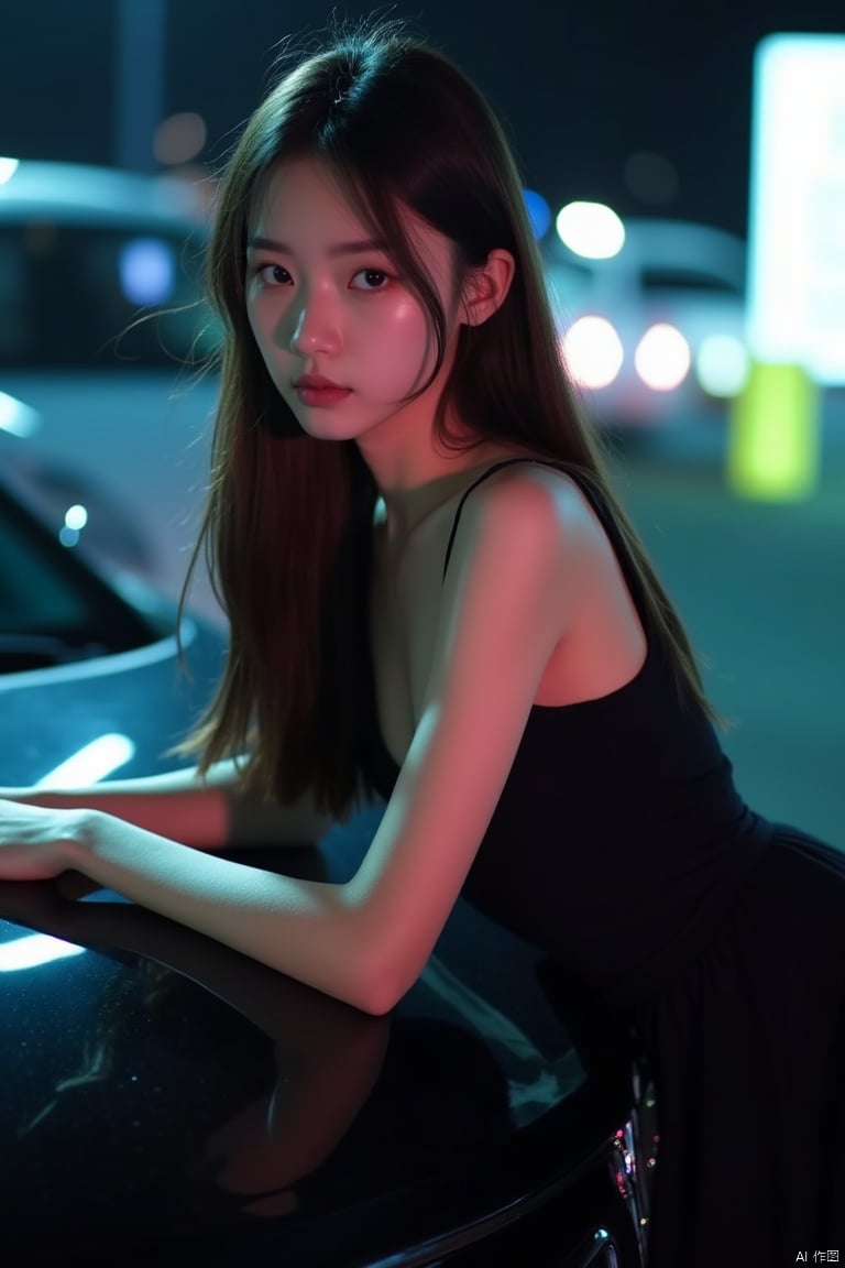 A girl with delicate facial features, straight brown hair, wearing a black sleeveless dress, is leaning on the hood of a black car. Her left hand is resting on the car's hood, adding a touch of balance to the image. The background is blurred, creating a stark contrast to the woman's black dress.Trendy K Style, neon lighting,