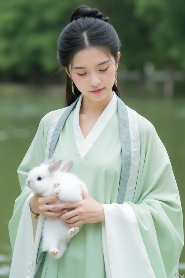 In a close-up shot, a young Asian woman wearing Hanfu is seen wearing a light green dress and a white shawl draped over her shoulders. She held a white rabbit in both hands,. Her hair was tied in a ponytail and she wore a pair of gold earrings, adding a touch of color to her face. The background is blurry, implying a natural environment and creating a sharp contrast