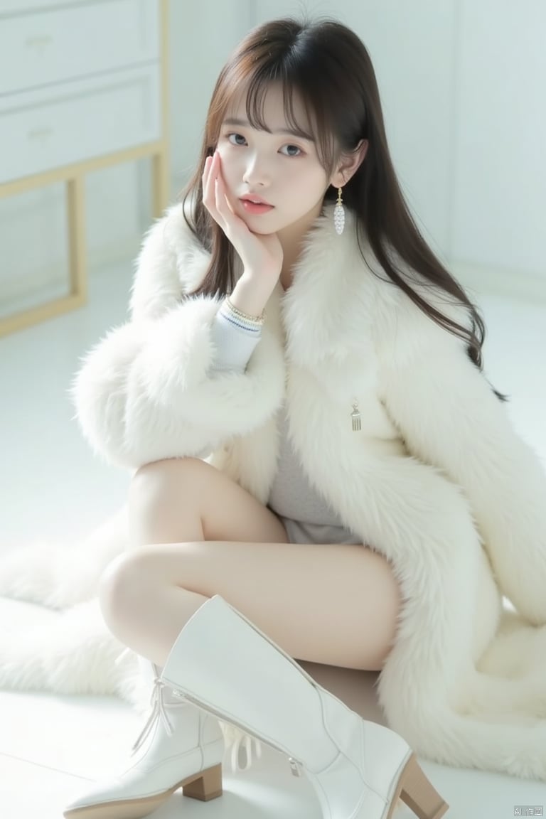 The scene captures a young woman with delicate features sitting on the floor, her hair hanging down to her shoulders. With one hand caressing her cheek, she was wearing a white fur coat adorned with white socks and earrings, and a pair of high boots on her feet. The environment was pure white, and the picture quality was astonishingly high