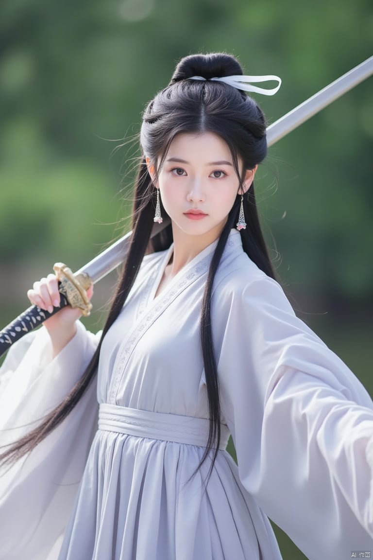 a beautiful Asian woman dressed in a kimono-like dress, holding a sword in her right hand. Her hair is long and cascades down her left shoulder. She is adorned with a white bow at the top of her head, adorned with earrings and a white ribbon. Her eyes are a piercing blue, adding a pop of color to her face. The background is blurred, suggesting a natural setting.