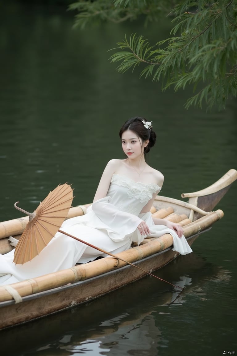 a woman in a white dress, adorned with a flower in her hair, is seated on a bamboo boat that is floating on a body of water. The boat is adorned with brown bamboo sticks, and a bamboo parasol, adding a touch of color to the scene. The woman's hair is styled in a sleek, straight line, and she's looking to the right side of the frame. The parasol is a light brown color, with a thin stem and a brown handle. The water is a dark green, and the reflection of a tree can be seen in the water's surface. with high details, ultra-high resolution, 32K UHD, the best quality, and a masterpiece