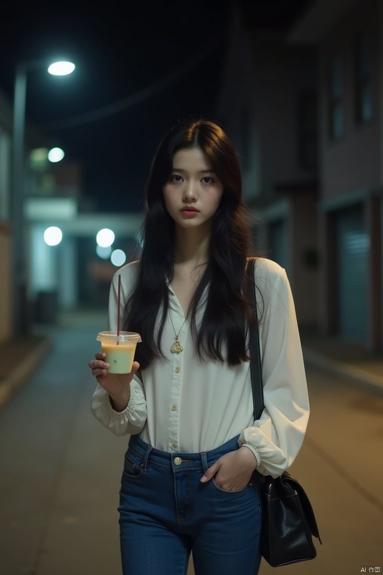 The image is a portrait of a young woman standing on a street at night. She is holding a drink in her left hand and a handbag in her right hand. The woman has long dark hair and is wearing a white blouse and blue jeans. She has a serious expression on her face and is looking directly at the camera. In the background, there are buildings and a street lamp. The overall mood of the image is dark and mysterious.