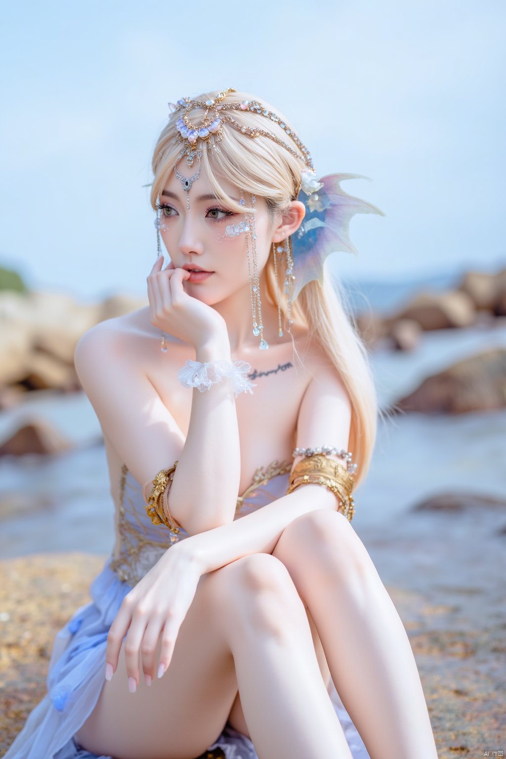 a woman with long blonde hair
wearing a white strapless dress
adorned with beads and bracelets
is seated on a rock. She is adorned with a headband adorned with pearls and a star-shaped crown. Her eyes are adorned with white pearls
adding a touch of sparkle to her face. The backdrop is blurred
suggesting a natural setting. The sky is a muted blue
with a few wispy clouds
adding depth to the scene.
