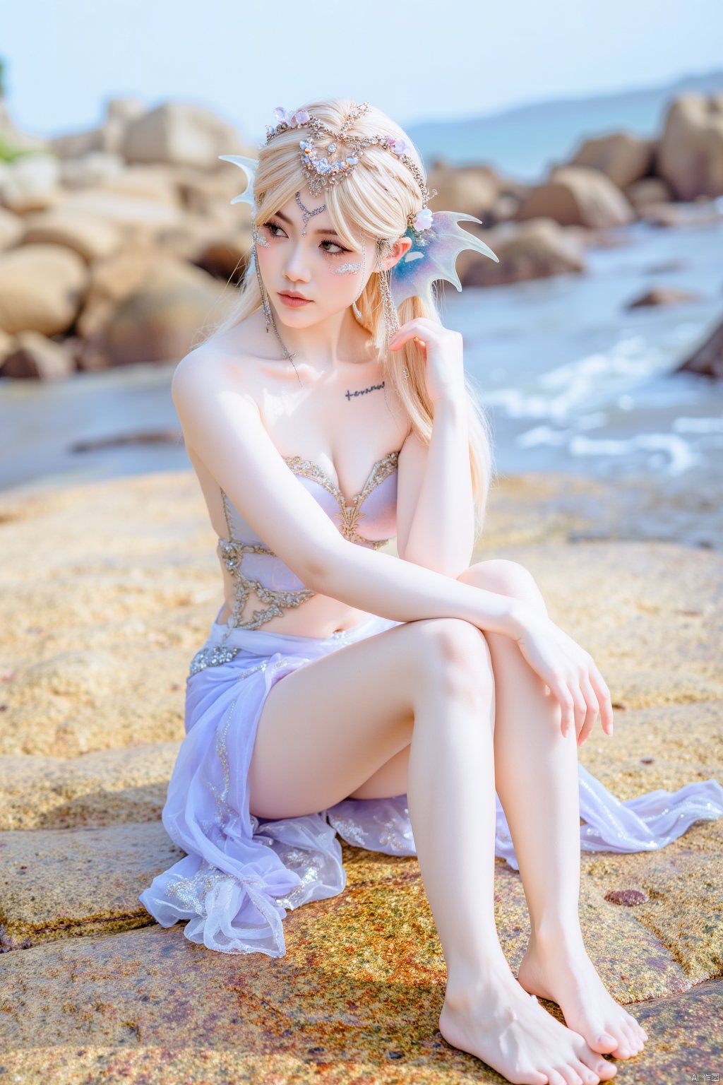 The image shows a young woman sitting on a large rock on a beach. She is wearing a purple and white outfit with a floral headpiece on her head. The headpiece is made up of small flowers and leaves, and she has long blonde hair that is styled in loose waves. The woman is sitting with her legs crossed and her hands resting on her knees. She has a serious expression on her face and is looking off to the side. The background shows a rocky shoreline and the ocean. The overall mood of the image is peaceful and serene.